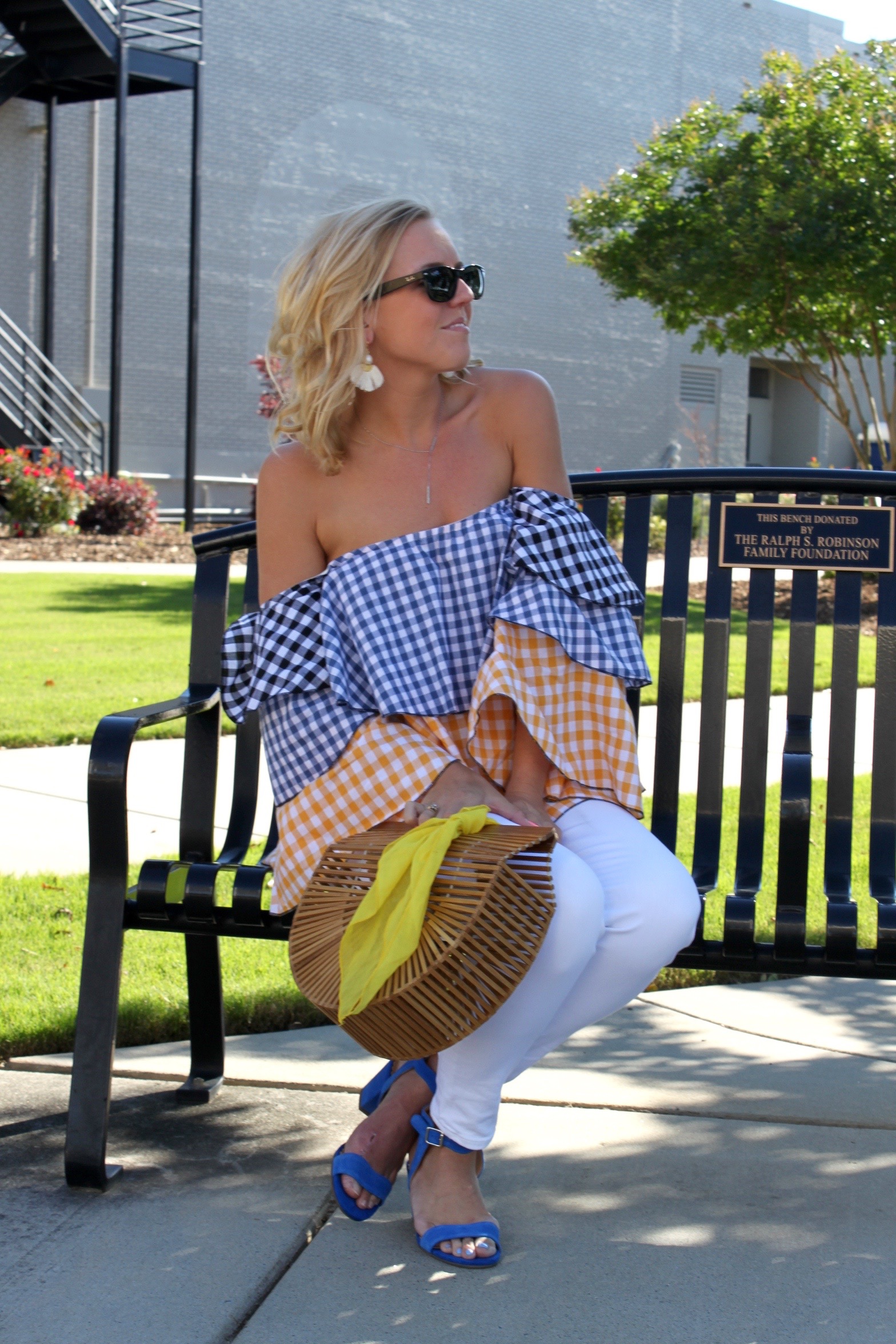 off shoulder gingham ruffles