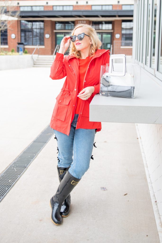 red raincoat outfit